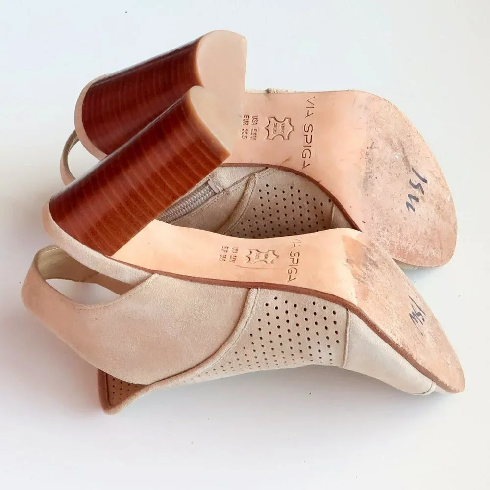 Via Spiga Beige Suede Leather Peep Toe Block Heel Perforated Bootie Shoes 5.5 - Picture 14 of 16